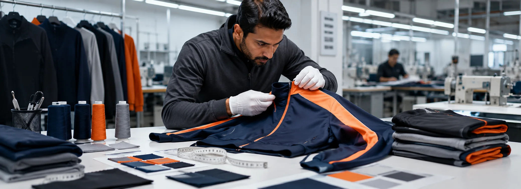 Fitnesswear quality inspection in a professional manufacturing facility.